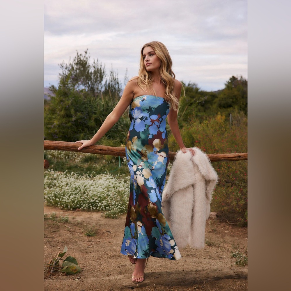 12th Tribe Strapless Floral Blue-Green Maxi Dress